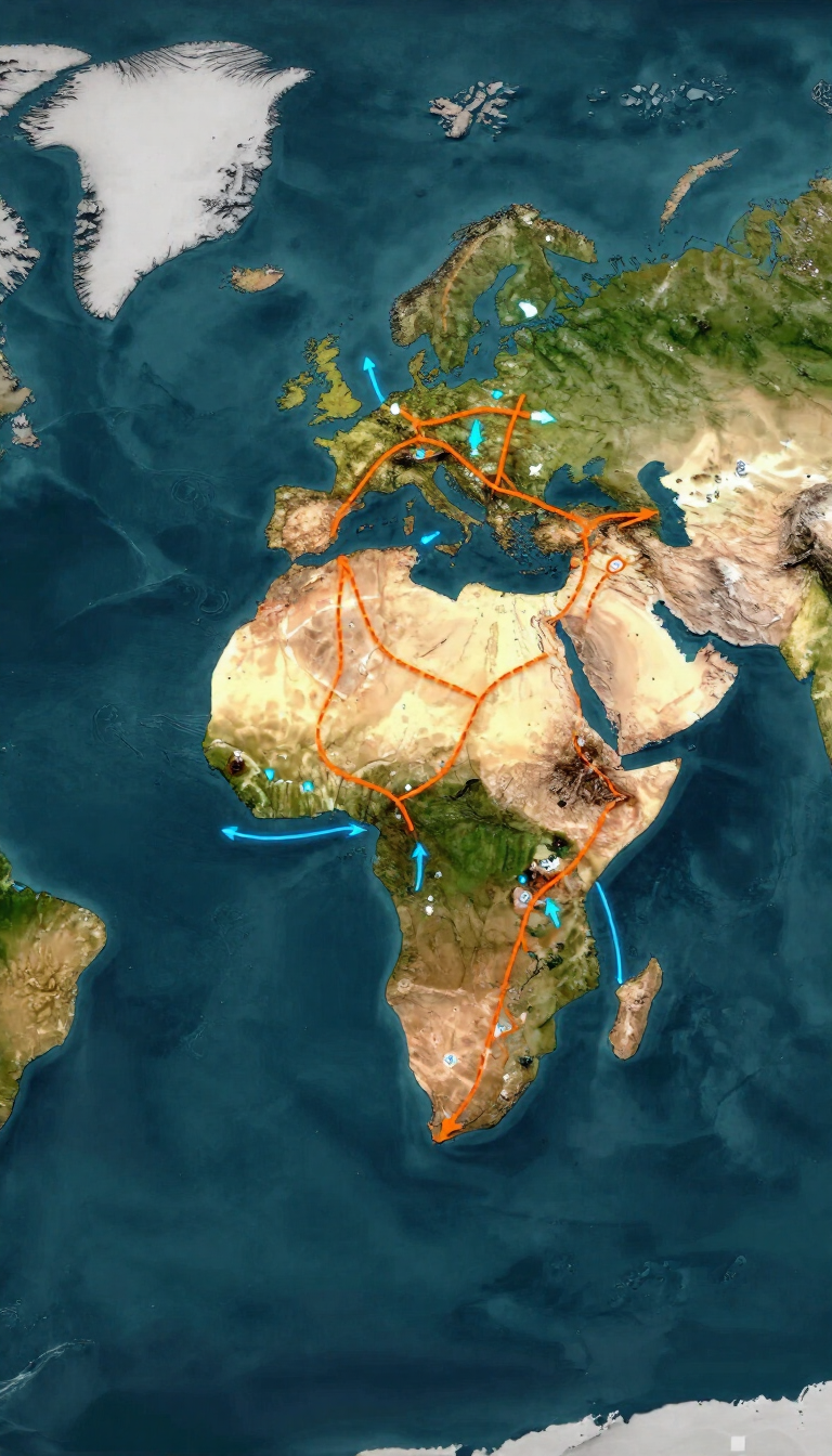 Vista satelital de la Tierra centrada en África, Europa y Oriente Medio con líneas de red de colores superpuestas.