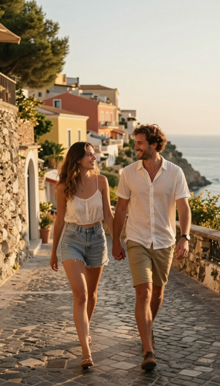 Una pareja camina de la mano por una calle adoquinada junto al mar, iluminada por el sol, pasando junto a casas coloridas.