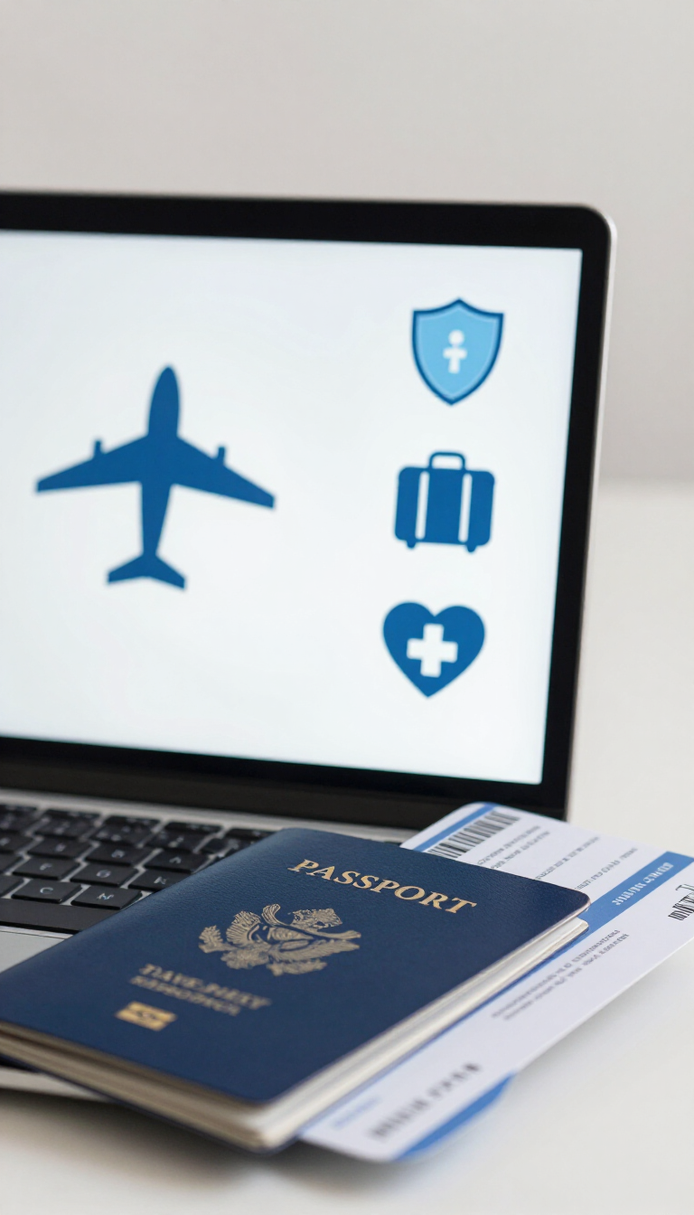 Pasaporte azul y tarjeta de embarque frente a una computadora portátil que muestran un avión, un escudo y una maleta.