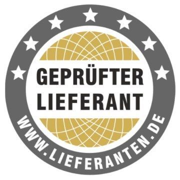 Ein kreisförmiges Logo mit grauem Rand, weißen Sternen, dem Text „GEPRÜFTER LIEFERANT“ und „WWW.LIEFERANTEN.DE“.