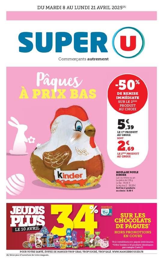 50% de remise immédiate sur le 2e produit au choix : moulage de poule Kinder lait ou white ou art, la pièce de 138 g. 5,39 € le 1er produit (le kilo : 39,06 €) et 2,69 € le 2e produit au choix. Soit 29,28 € le prix au kilo des 2 produits. Jeudis plus le 10 avril 2025, 34 % de reversés sur votre carte U pour l'achat de chocolats de pâques. Hors promotions en cours, offre également disponible sur coursesU.com si vous retirez vos achats le 10 avril 2025.
