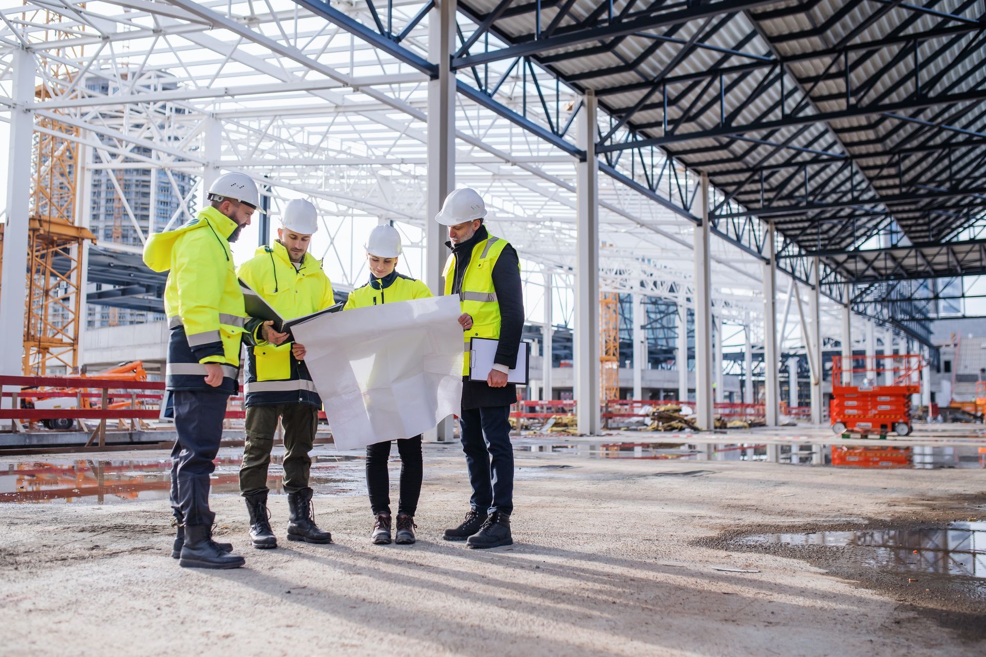 Rakennustyöntekijät kypärissään tarkastelevat piirustuksia teräsrunkoisella rakennustyömaalla