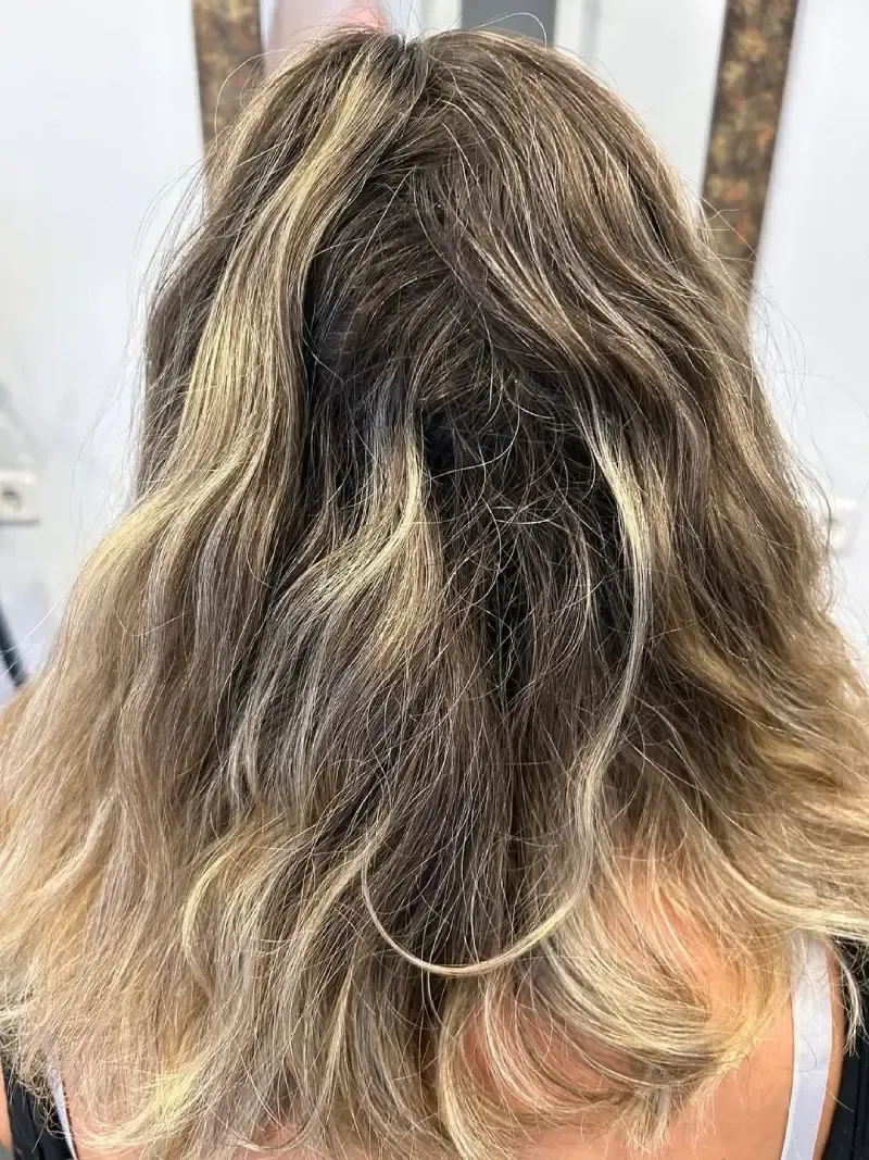 Cabello largo, ondulado, castaño y rubio, visto desde atrás, con capas con mechas.