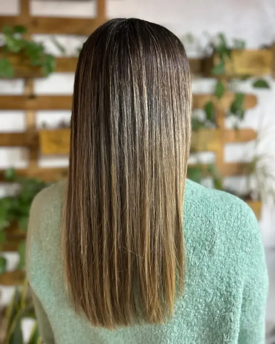Vista trasera de una larga melena castaña lisa con reflejos rubios sobre un suéter verde menta.
