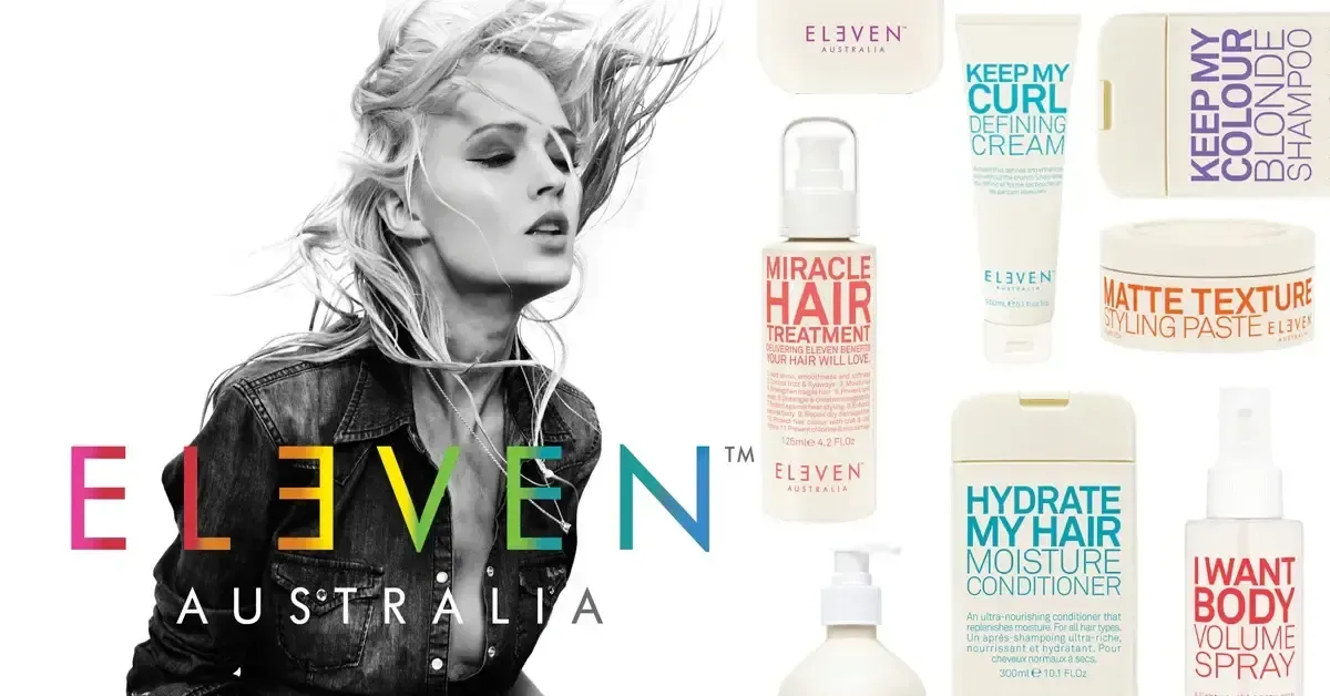 Anuncio de la marca de cuidado capilar ELEVEN Australia con una modelo en blanco y negro y coloridos envases de productos.