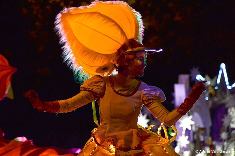 Una mujer con un disfraz de flores está bailando en la oscuridad.