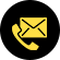 Ein gelber Umschlag liegt neben einem gelben Telefon in einem schwarzen Kreis.