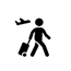 Ein Mann geht mit einem Koffer und im Hintergrund fliegt ein Flugzeug.
