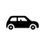 Ein schwarzweißes Symbol eines Kleinwagens auf weißem Hintergrund.