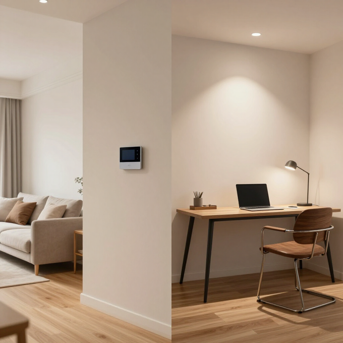 Oficina doméstica minimalista con escritorio, computadora portátil, lámpara y silla junto a una zona de estar.