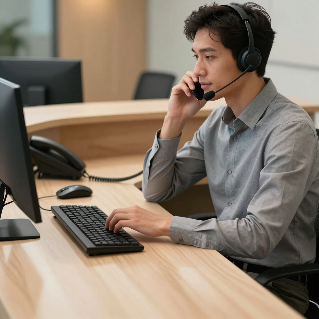 Persona con auriculares sentada en un escritorio en una oficina moderna, usando una computadora y un teléfono.