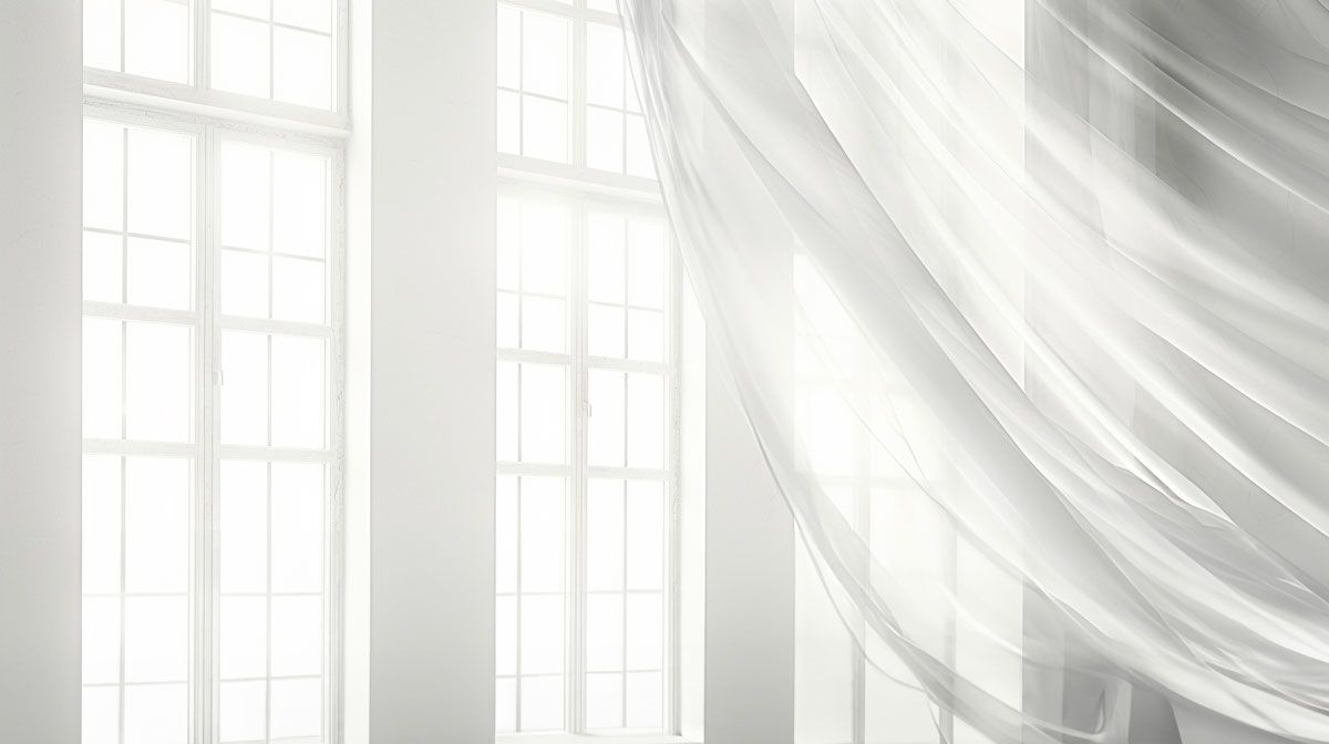 ein weißer Vorhang weht im Wind in einem Raum mit vielen Fenstern - Gardinen Breuß aus Elmshorn