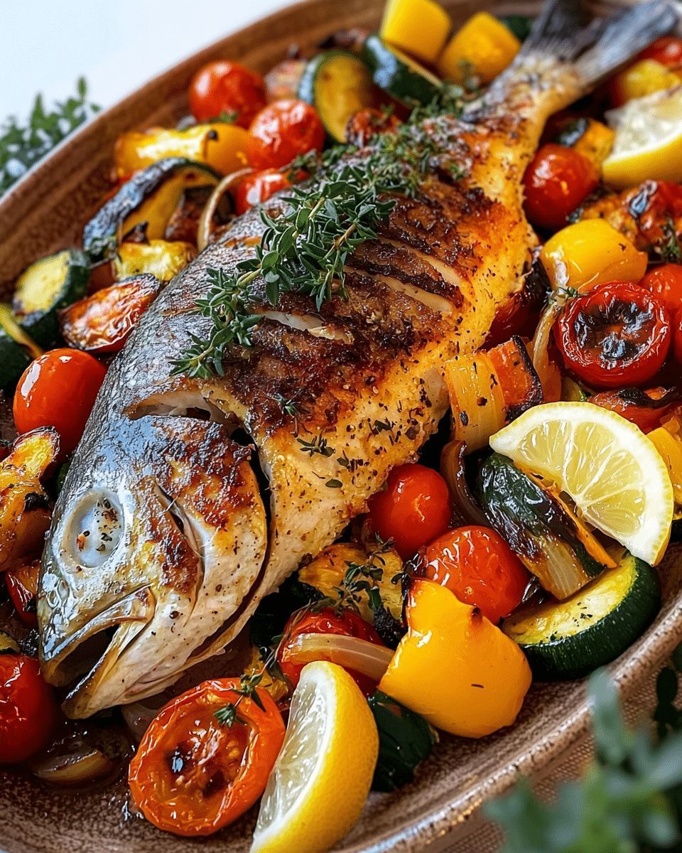 Poisson entier rôti accompagné de légumes, notamment des tomates, des courgettes et des poivrons, garni de citron et d'herbes aromatiques.