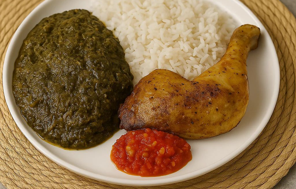 Assiette avec cuisse de poulet, riz, sauce verte et rouge.