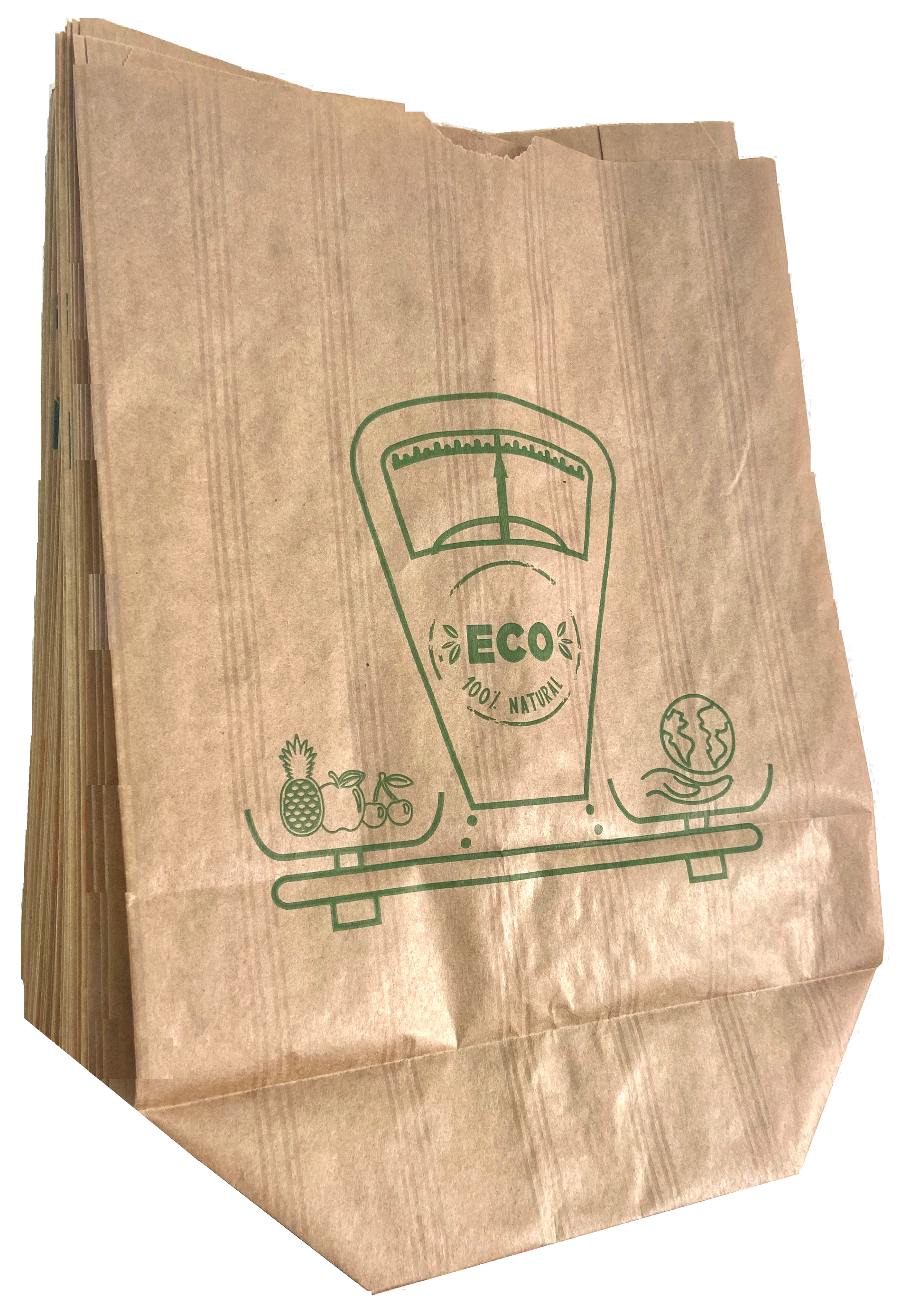 Una bolsa de papel marrón con una escala verde en ella.