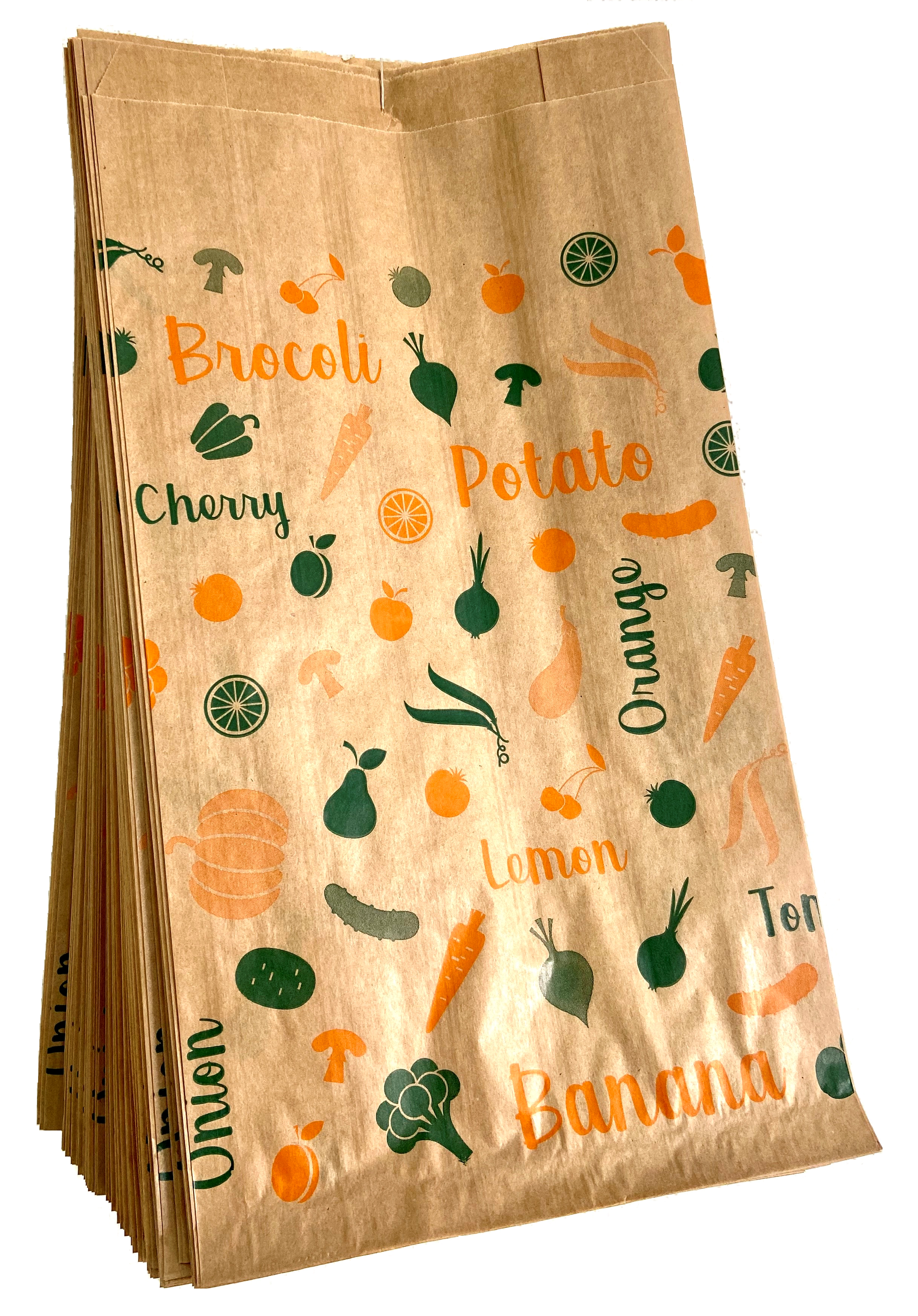 Una bolsa de papel marrón con verduras y frutas.