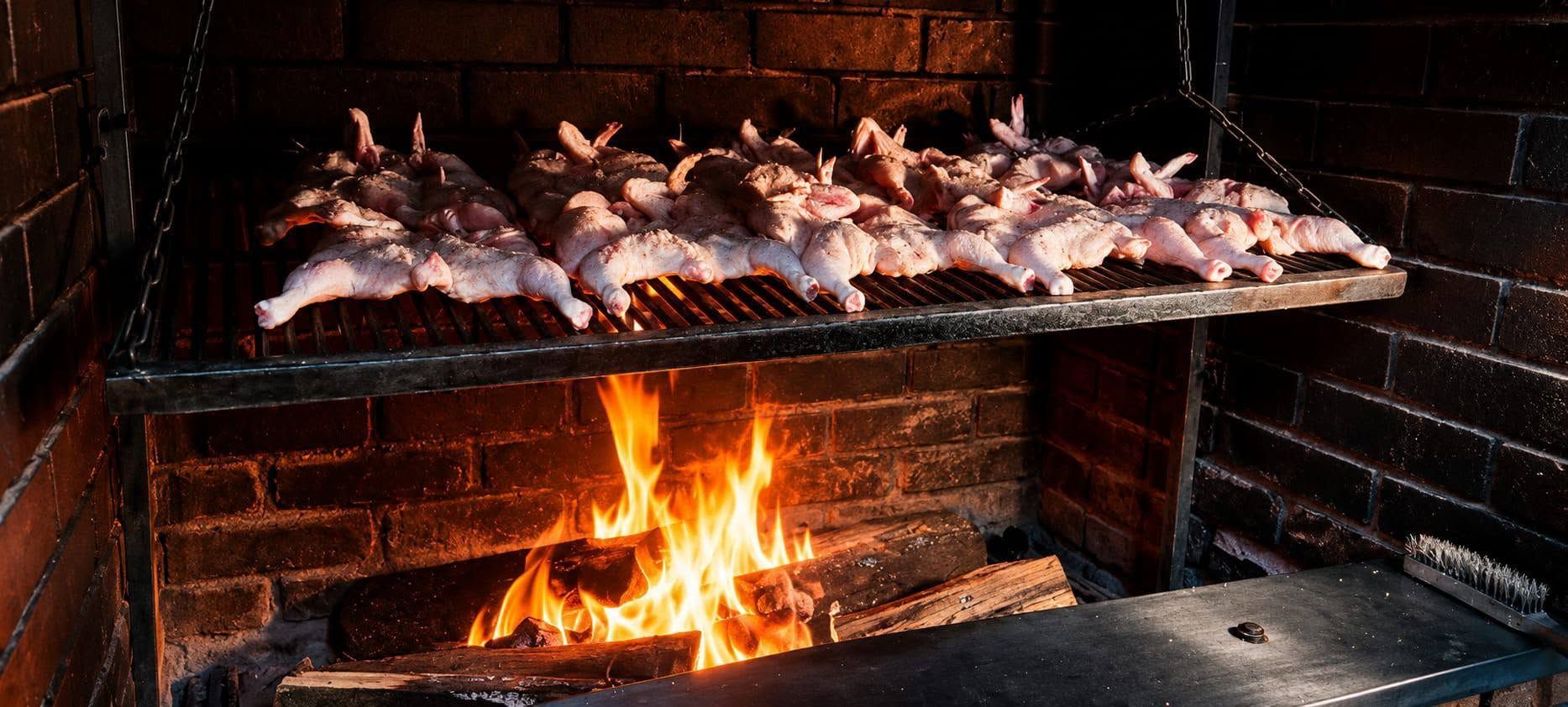 Carne a la parrilla sobre fuego abierto en una barbacoa de ladrillo