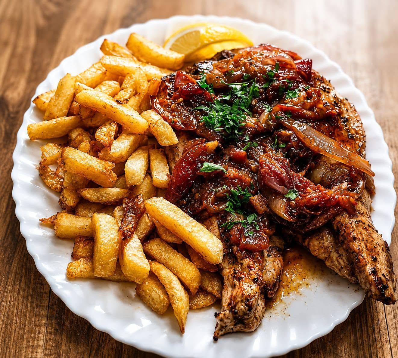 Pollo a la parrilla con salsa barbacoa y patatas fritas en un plato blanco