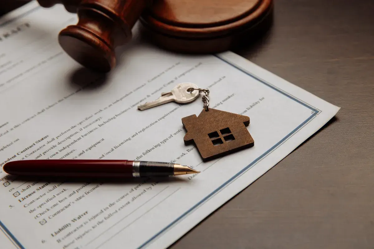 Mazo de madera, llave de casa, bolígrafo y llavero con forma de casa en un documento legal