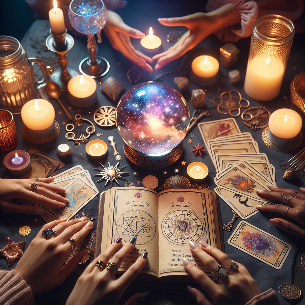 Personas alrededor de una mesa con velas, bola de cristal, cartas de tarot y un libro abierto, pareciendo hacer una lectura.