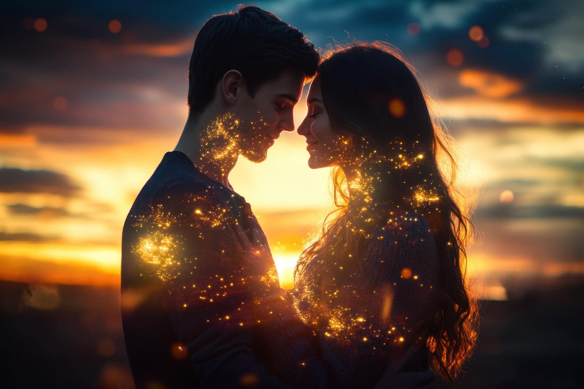 Pareja se abraza al atardecer, destellos dorados a su alrededor.