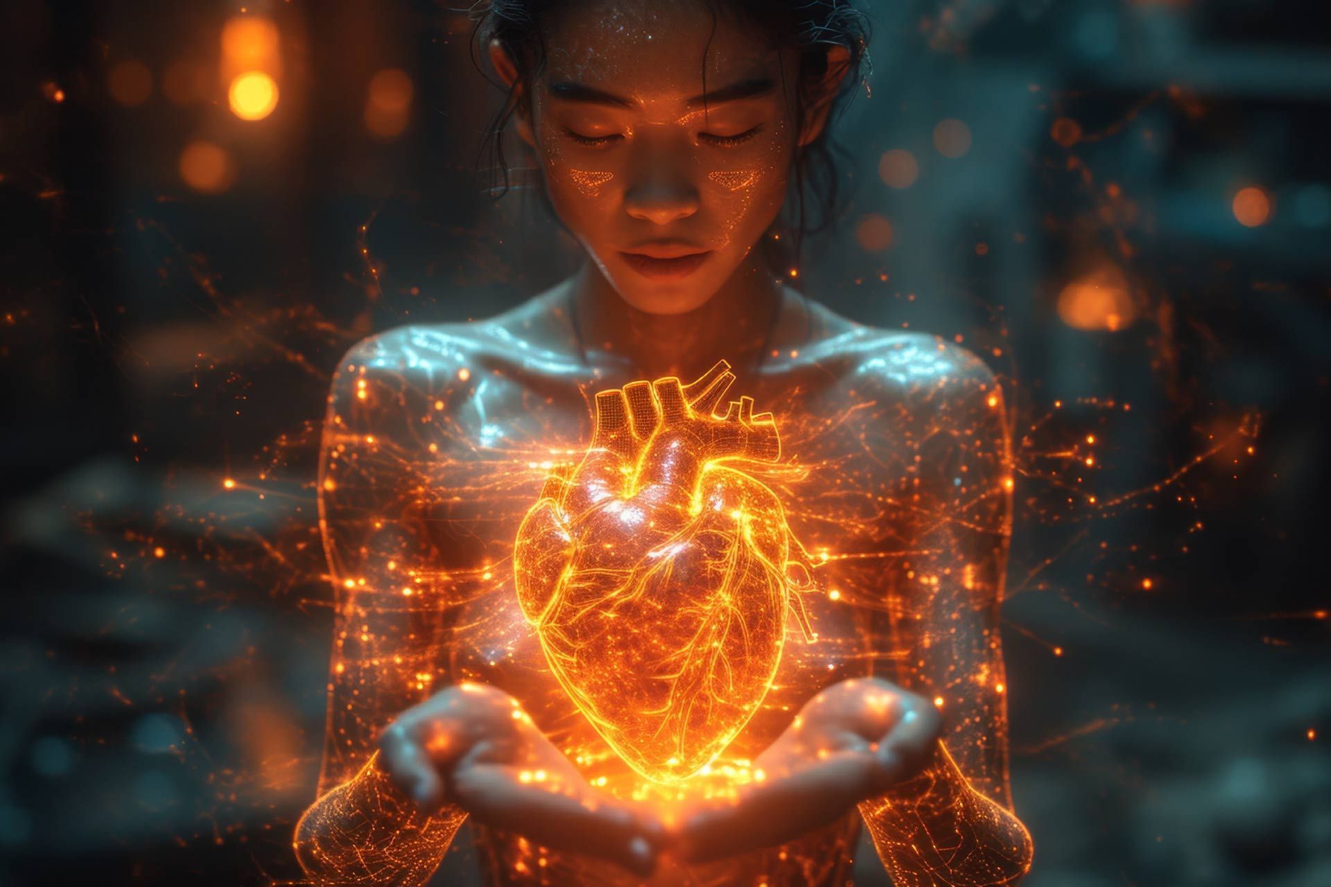 Mujer sosteniendo un corazón brillante y dorado, con luces y energía fluyendo; ojos cerrados.