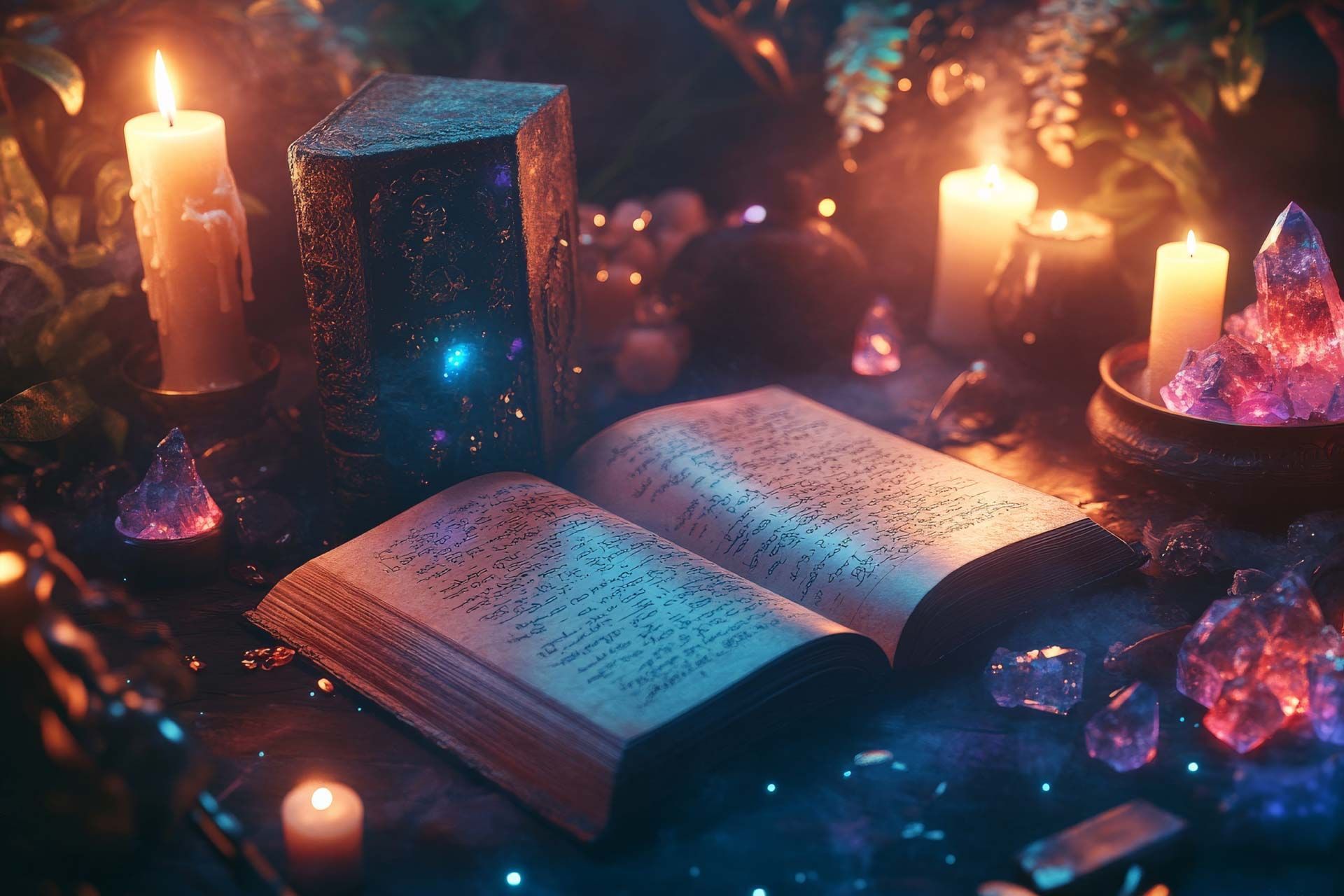 Escena mística con un libro abierto, velas encendidas, cristales y un cristal brillante.