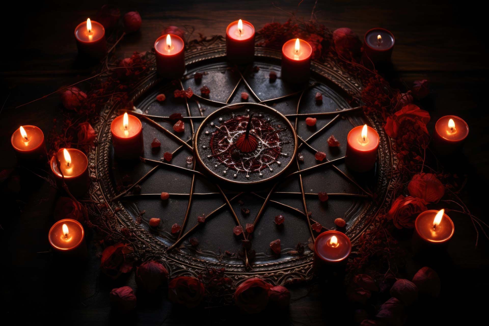 Las velas iluminan un altar en forma de estrella adornado con flores rojas.