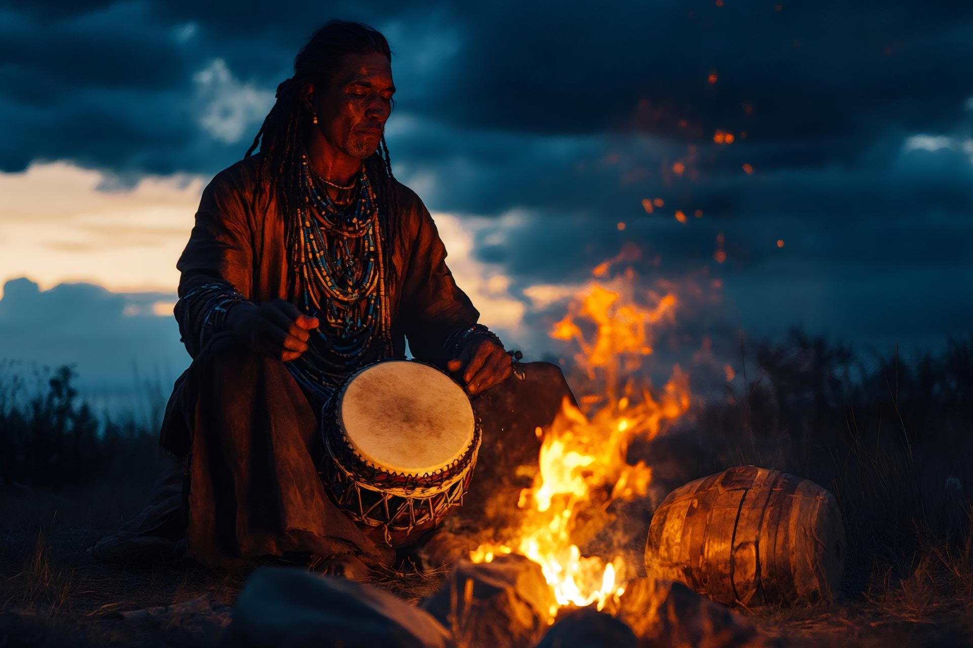 Hombre con rastas tocando el tambor junto a una fogata al anochecer.