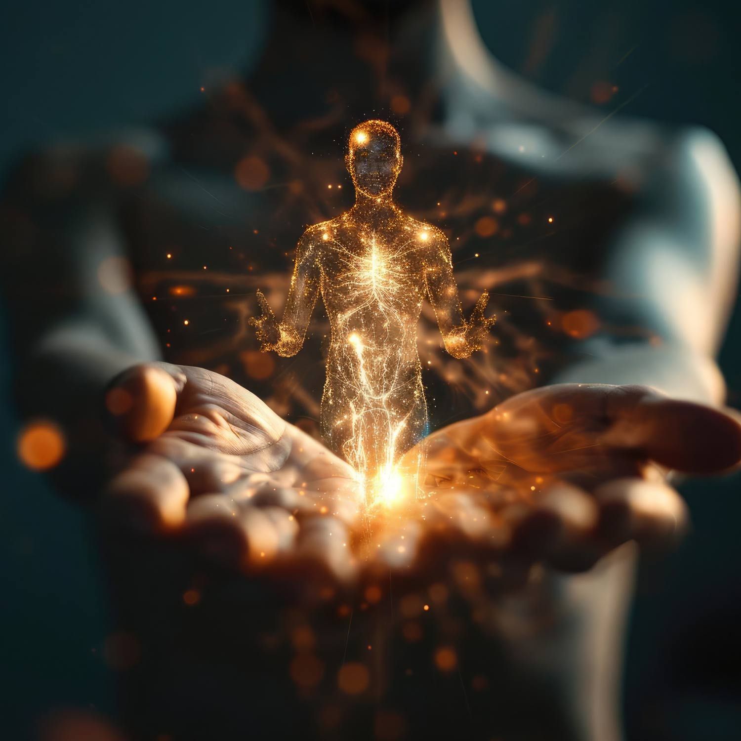 Las manos ahuecadas de una persona sostienen una figura brillante y energética. Una suave luz dorada ilumina el lugar, difuminando el fondo.