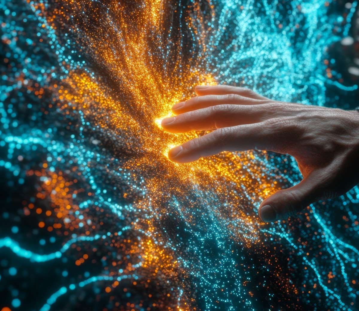 Mano tocando una nube vibrante y arremolinada de partículas azules y naranjas.