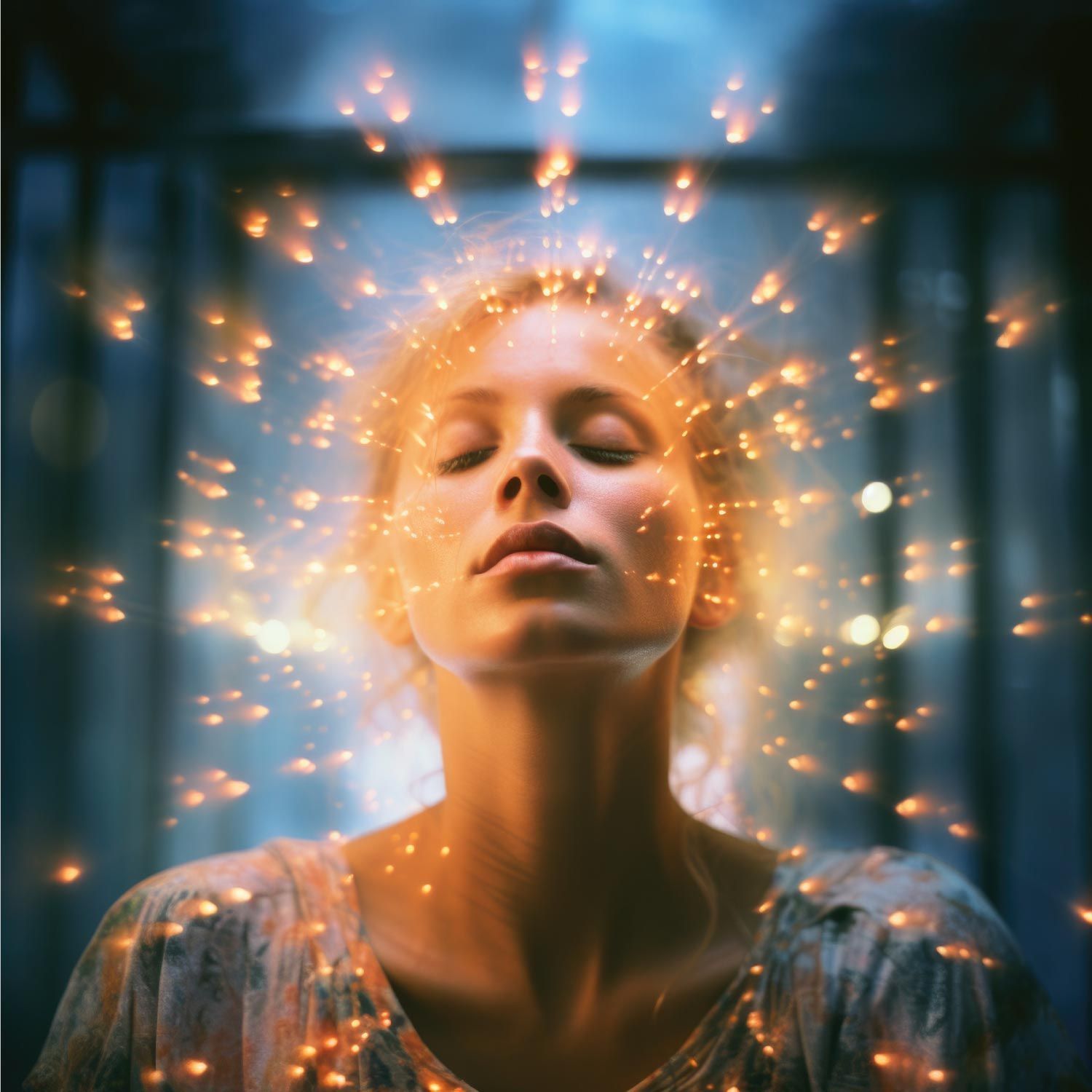 Mujer con los ojos cerrados, iluminada por una luz dorada radiante, sobre un fondo borroso.