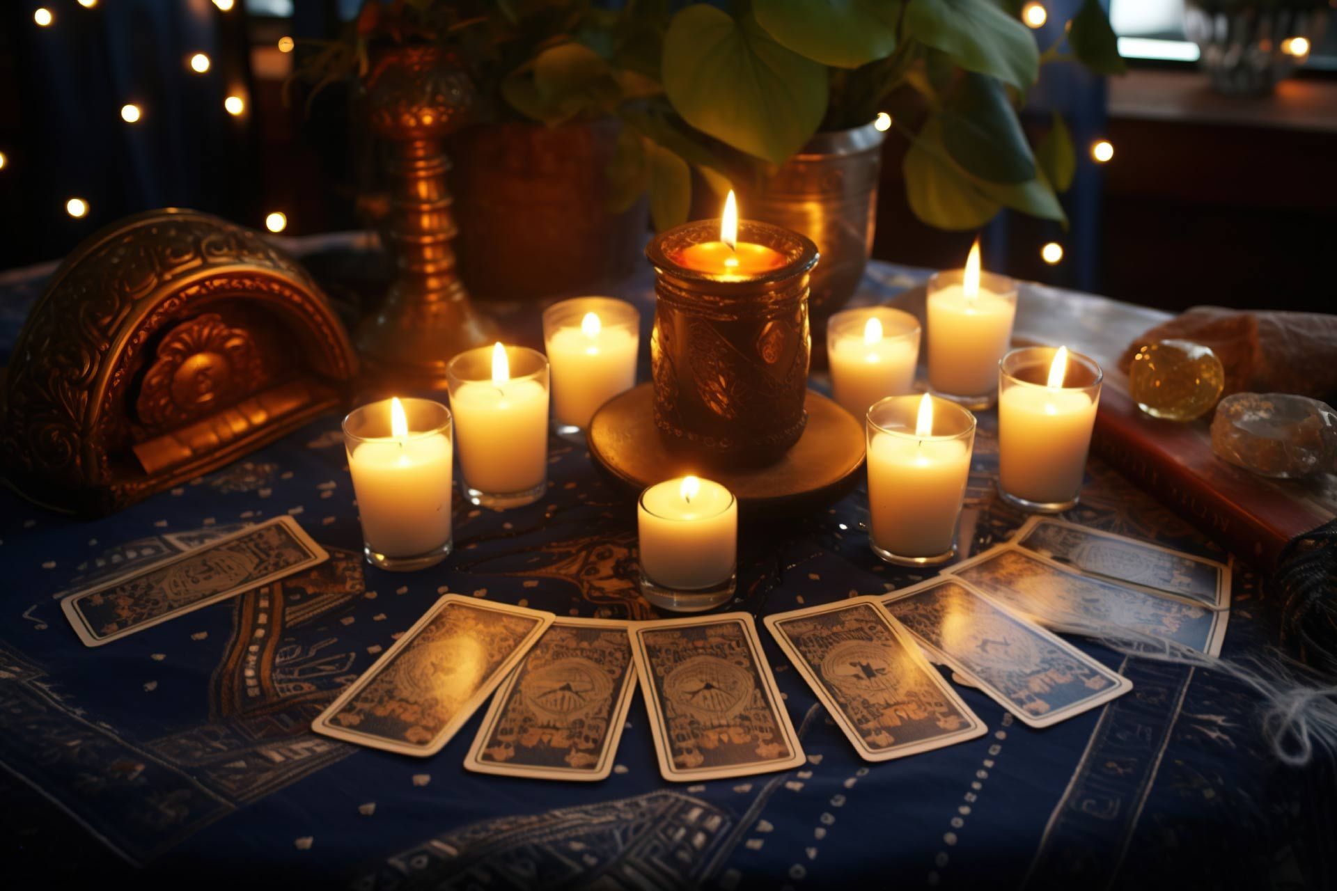 Velas encendidas alrededor de cartas del tarot sobre un paño azul, con un jarrón y pequeñas luces de fondo.