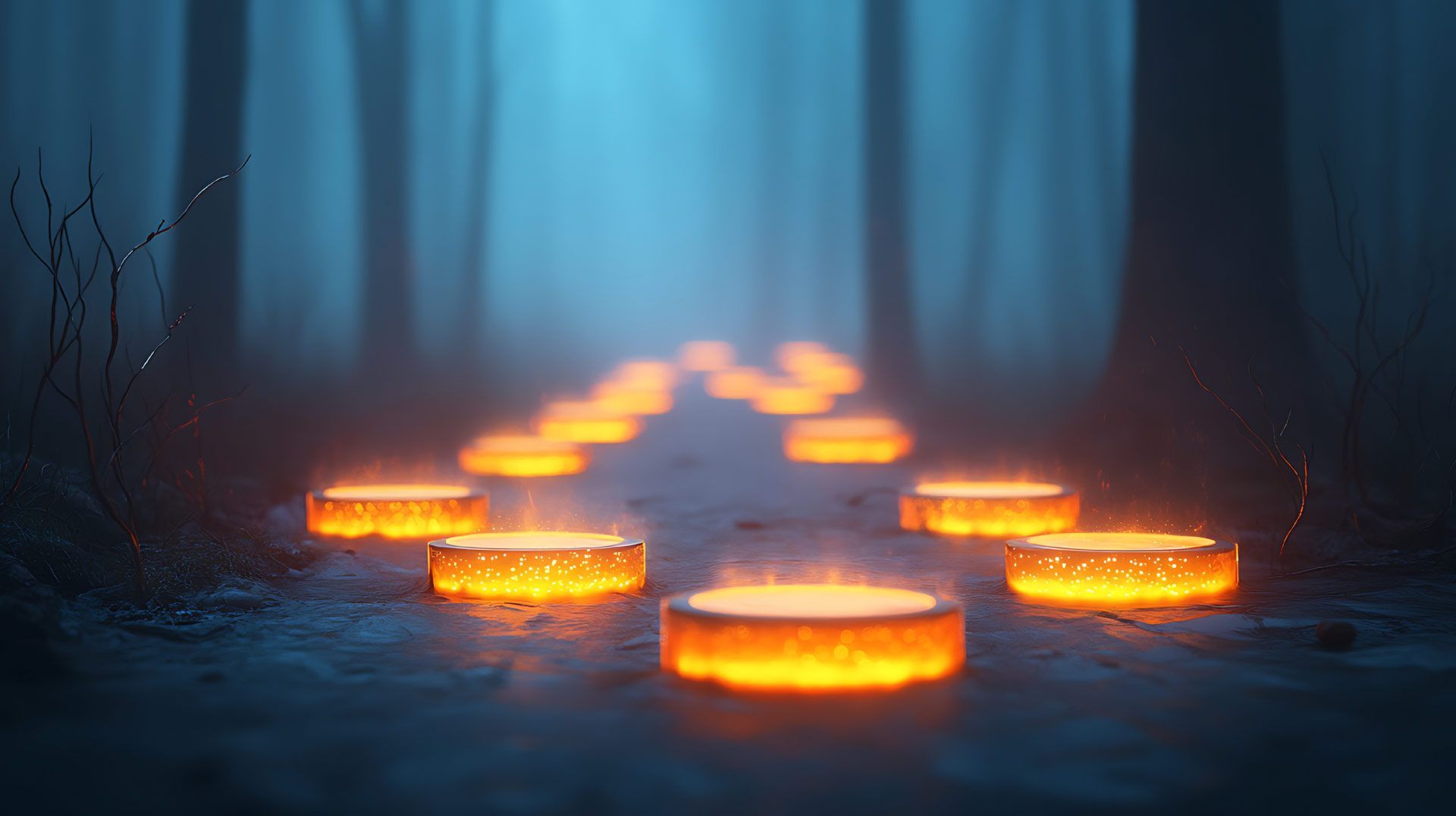 Luces anaranjadas brillantes iluminan un sendero forestal, envuelto en una niebla azul.