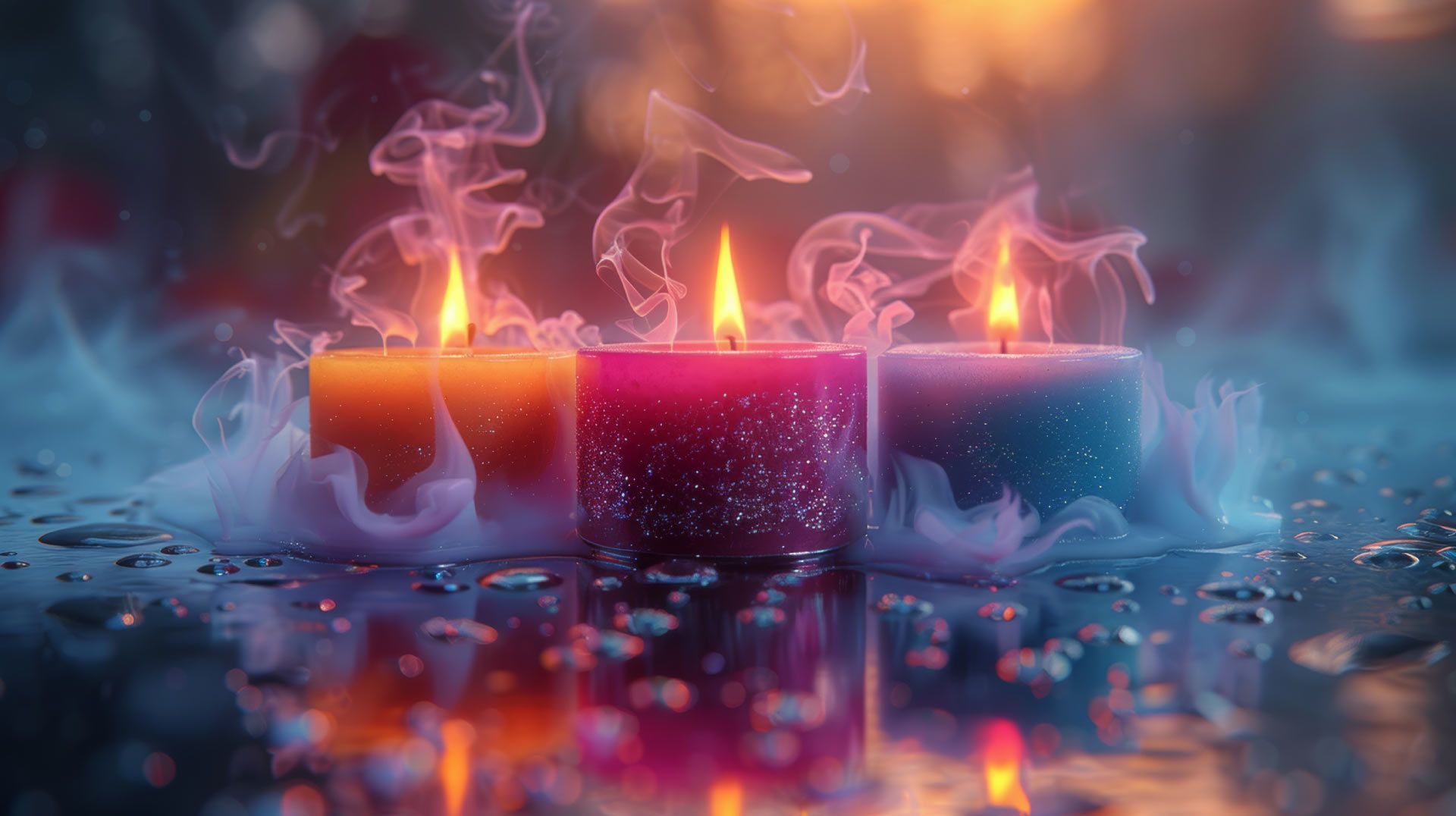Tres velas encendidas de colores con humo elevándose sobre un fondo borroso.