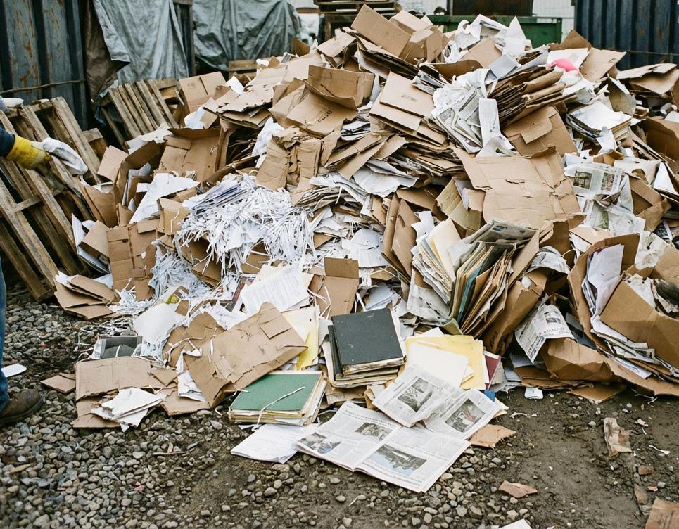 Ein Lagerhaus voller Fässer und Container.