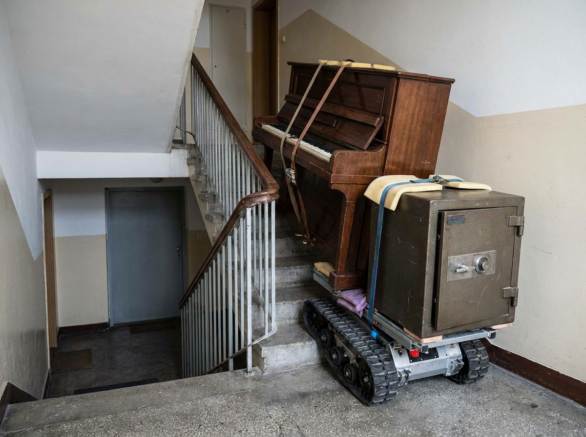 Ein Mann trägt einen Karton durch einen Raum voller Kartons.