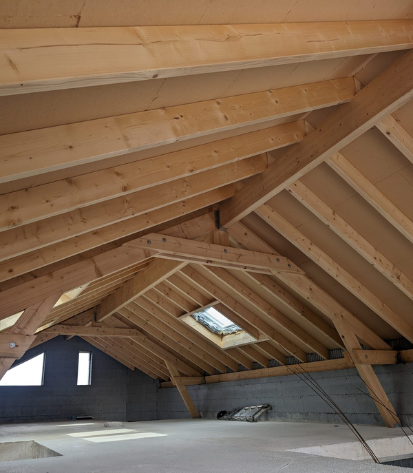 Un grenier spacieux et inachevé avec poutres en bois, un puits de lumière, des murs et un sol en béton.