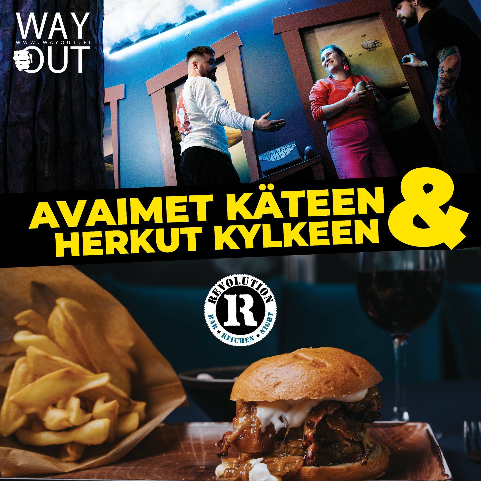 Elämyksellisen maalauskurssin tuotoksia ja osallistujia WayOut Tampereen tiloissa