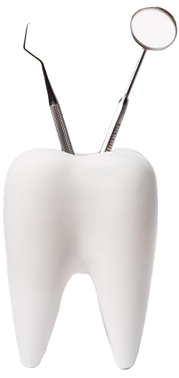 A white tooth with dental tools sticking out of it
