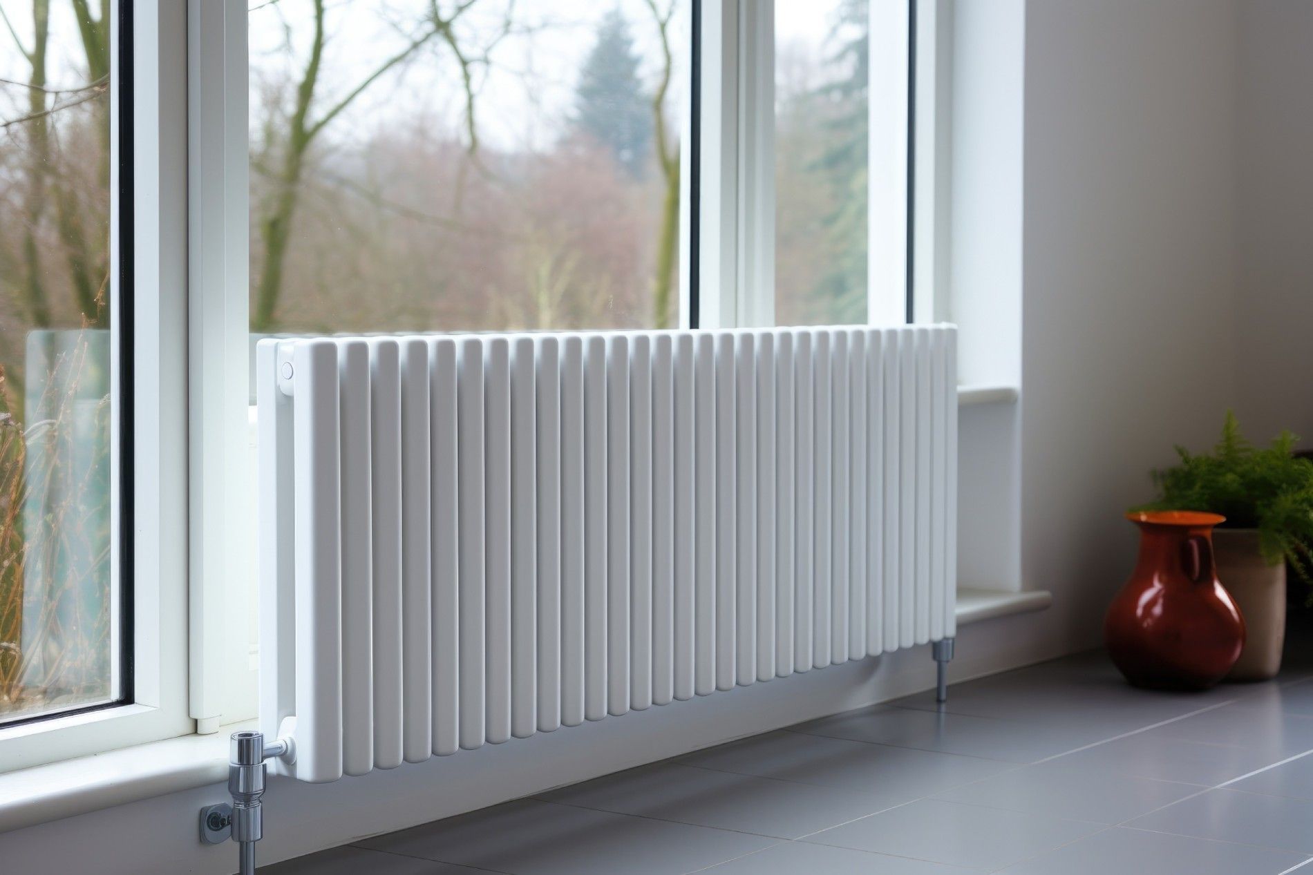 Un radiador blanco está junto a una ventana en una habitación.