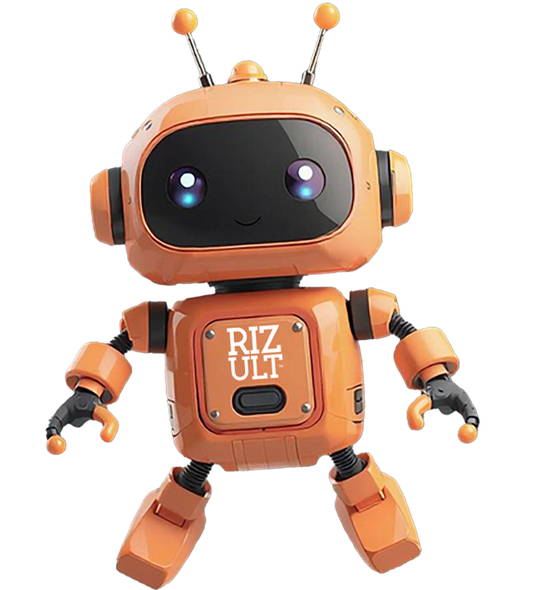 An orange robot with the word riz ult on it