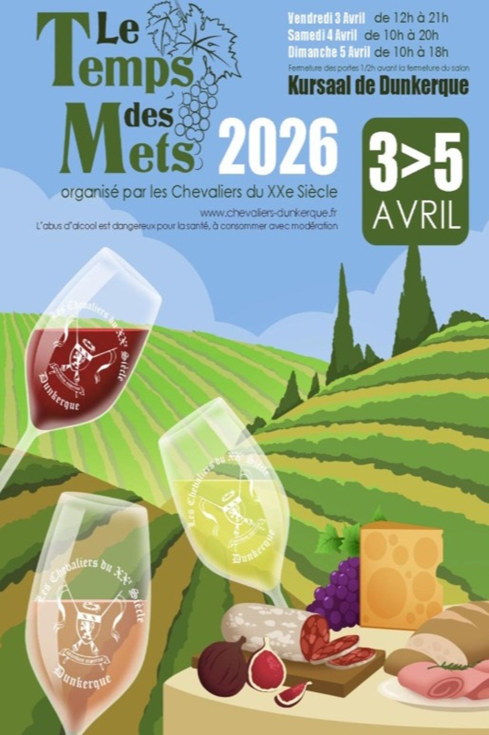 Affiche de l'événement Le Temps des Mets 2026, du 3 au 5 avril au Kursaal de Dunkerque, présentant des verres à vin et de la nourriture dans un vignoble.