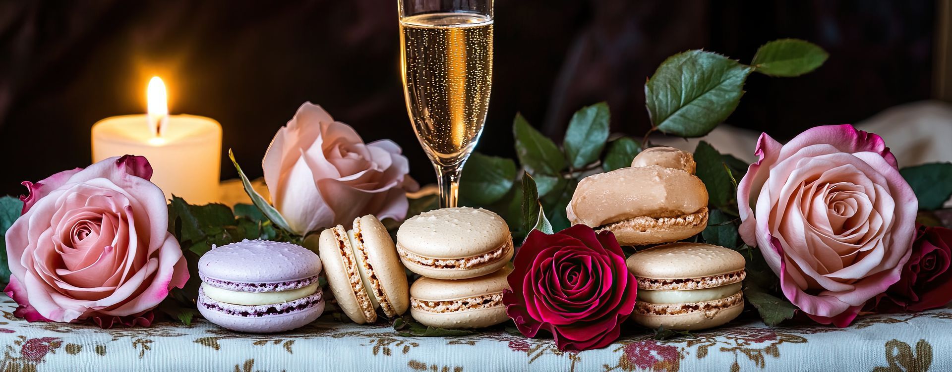 Macarons, roses et verre de vin mousseux