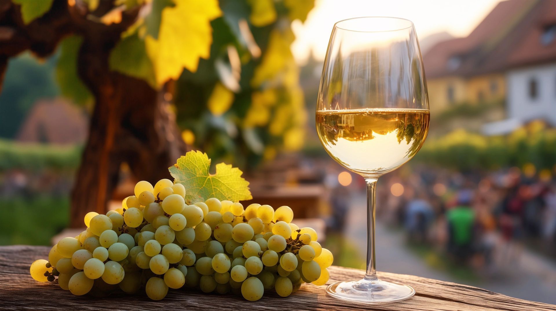 Verre de blanc, grappe de raisin blanc et vigne en arrière-plan