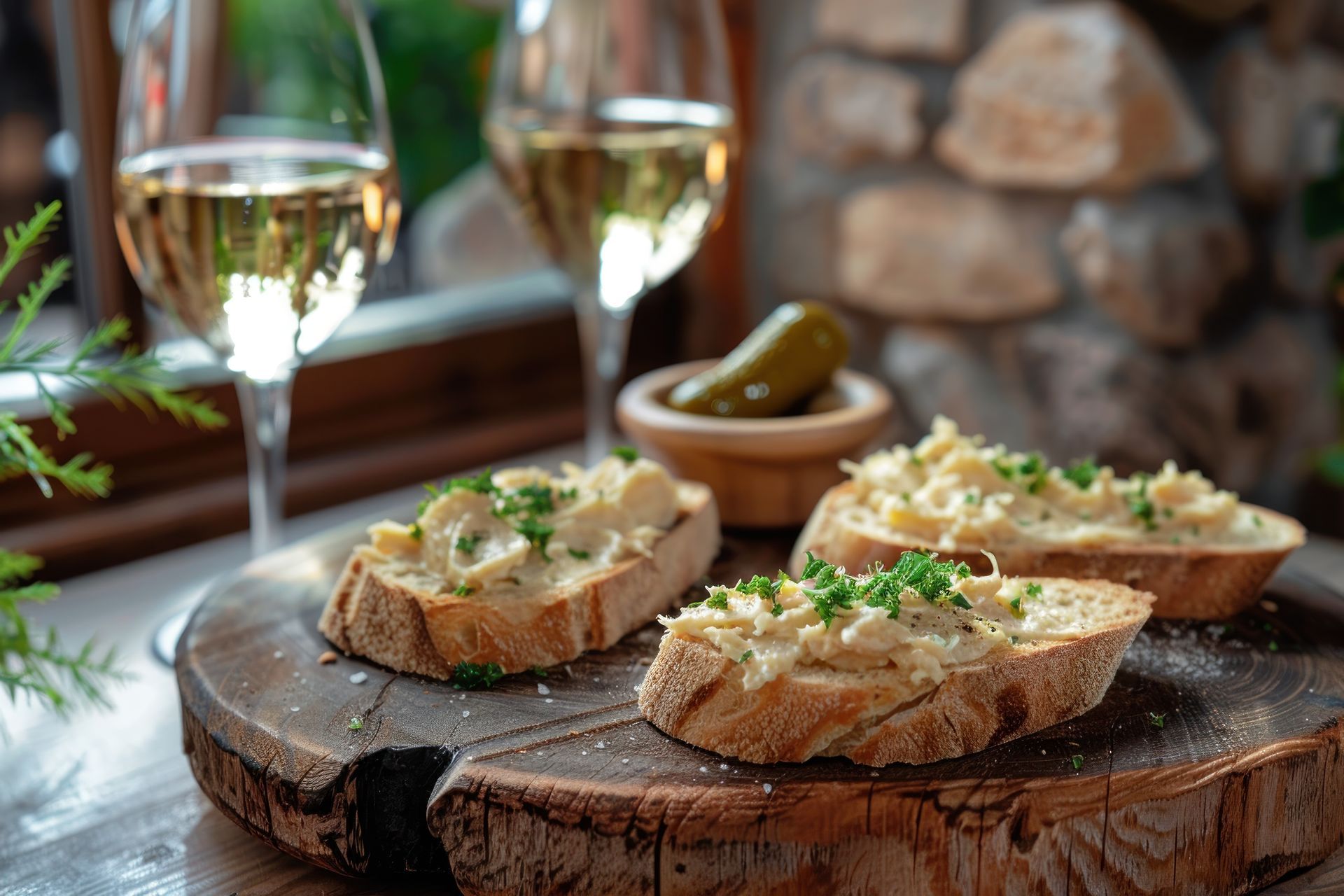 Verres de Vouvray et tartines de rillettes sur une planche en bois