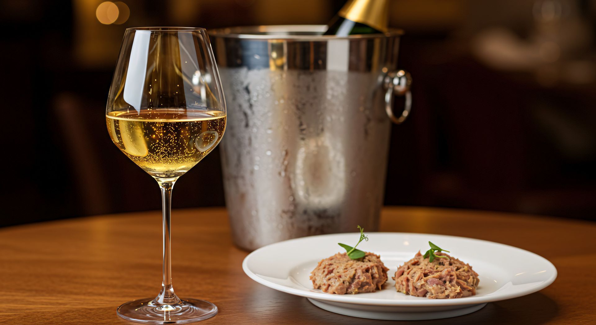 Verre de Vouvray, seau à vin mousseux et assiette avec rillettes