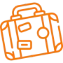 Un dibujo lineal naranja de una maleta sobre un fondo blanco.