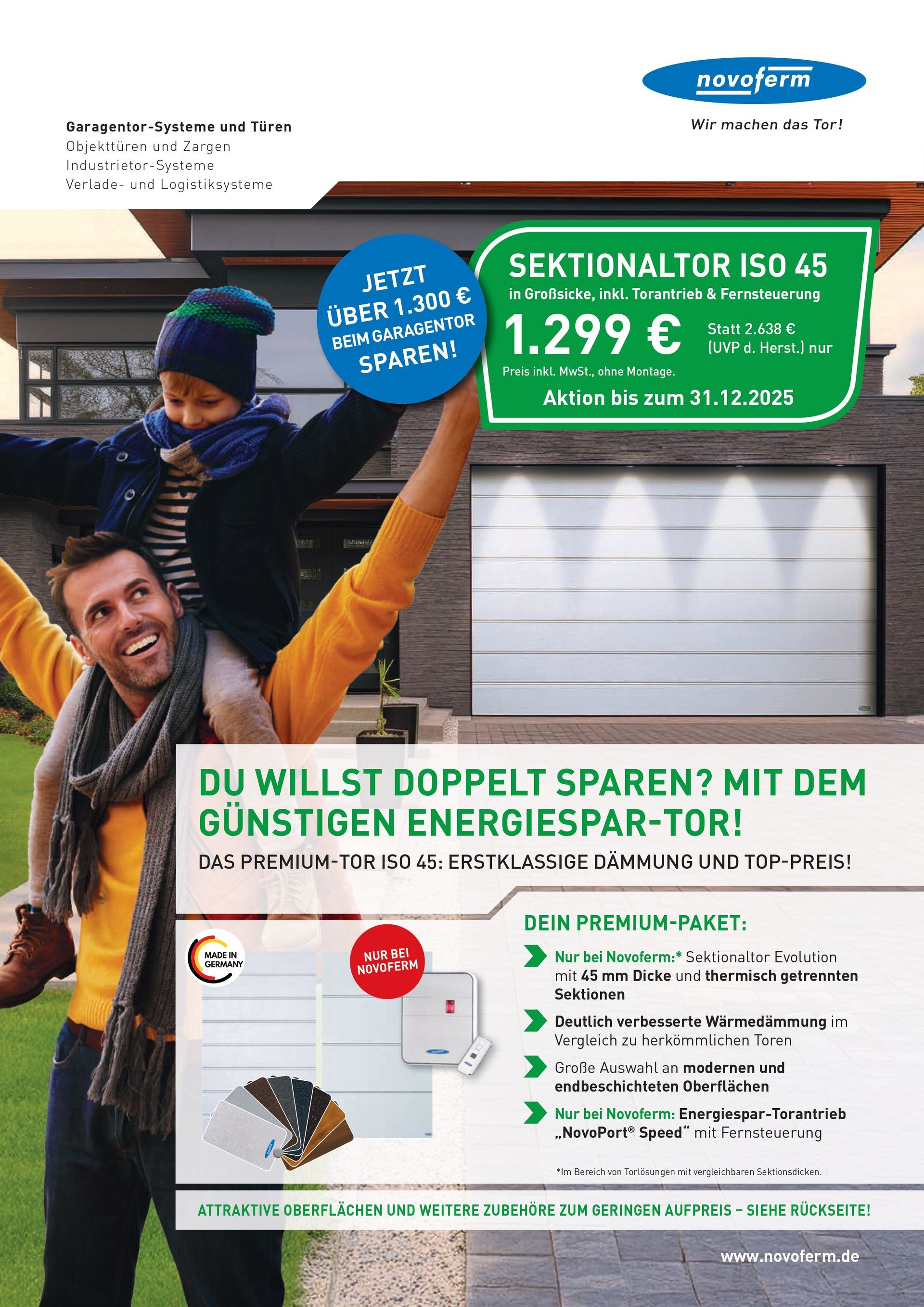 Mann trägt Kind auf den Schultern vor einem Haus. Werbung für ein Garagentor zum Preis von 1299 €.