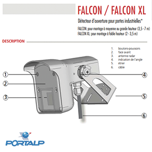 Schéma d'un dispositif de sécurité Falcon/Falcon XL avec pièces identifiées et logo Portalp